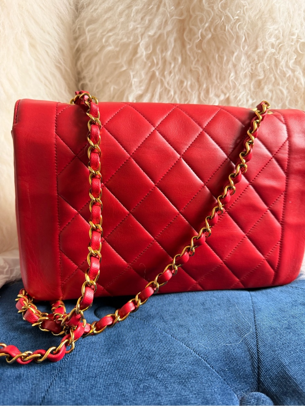 CHANEL Diana 25 Chain Shoulder Bag Lamb Skin Red CC - Picture 6 of 8